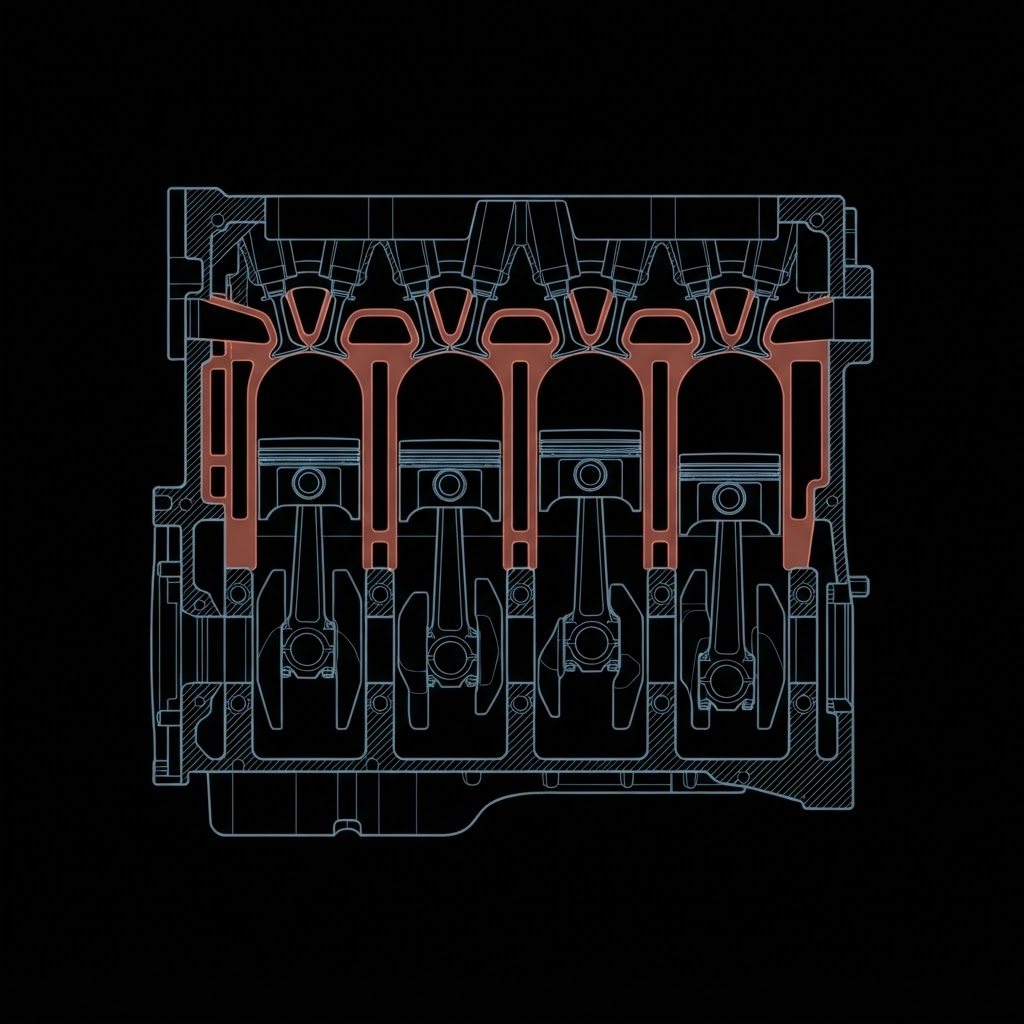 Blueprint-style diagnostic scan of a car engine block, rendered as glowing schematic linework